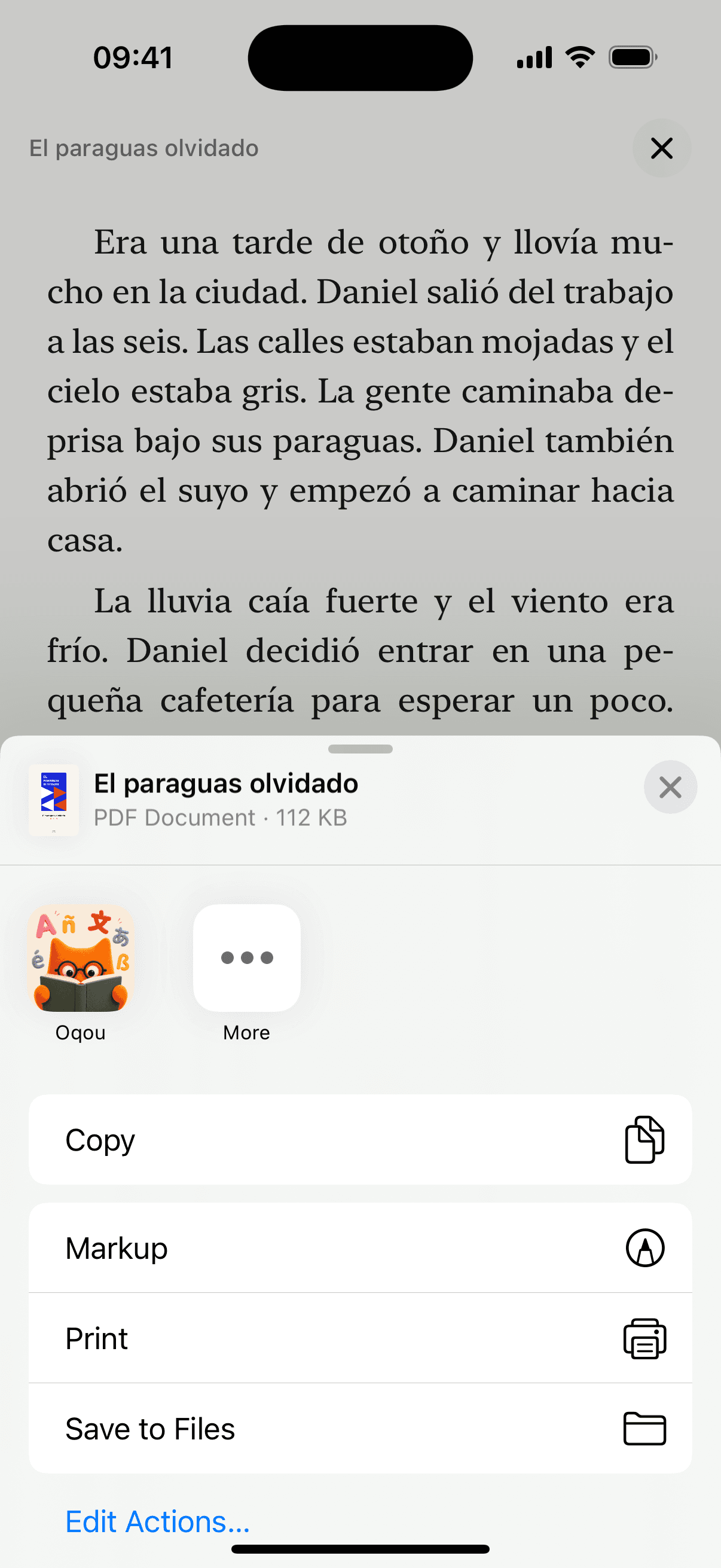 oqou exporting a story as a designed PDF, ready to print.