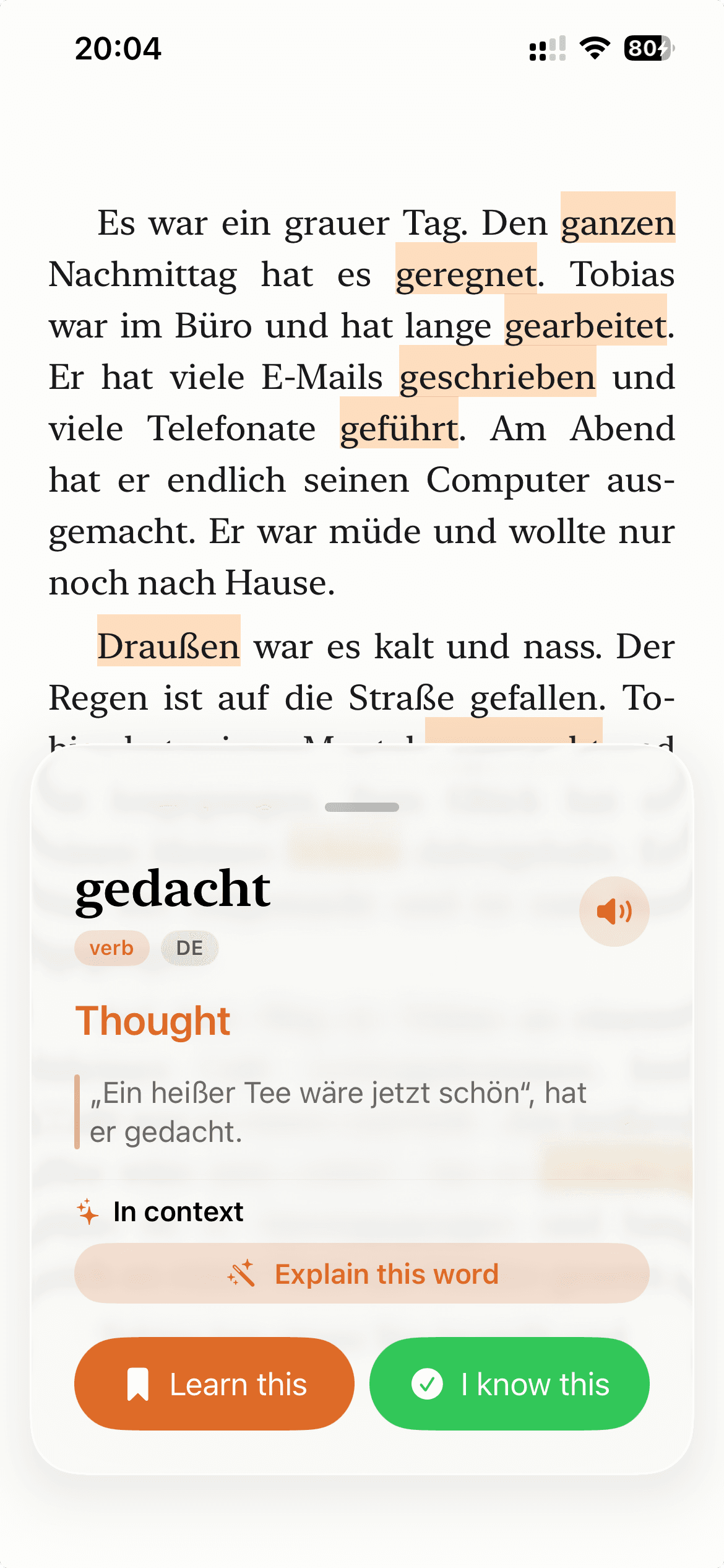 oqou reader showing a tapped word with its in-context meaning.